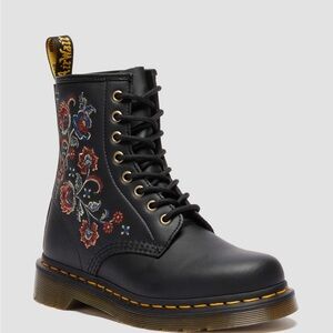 Dr. Martens Black Leather Lace-Up Boots with Red & Blue Floral Embroidery